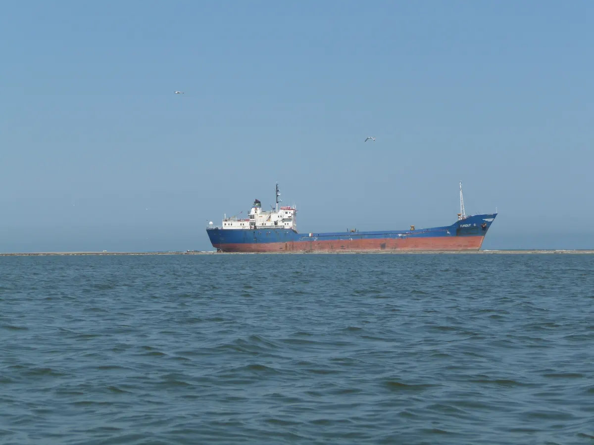 Cargo ship on the Black Sea at the mouth of the Danube